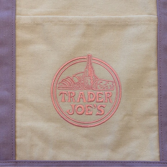 NWT Trader Joe’s LARGE Canvas Reusable Tote Bag - Cream with Lavender Straps - Picture 2 of 9